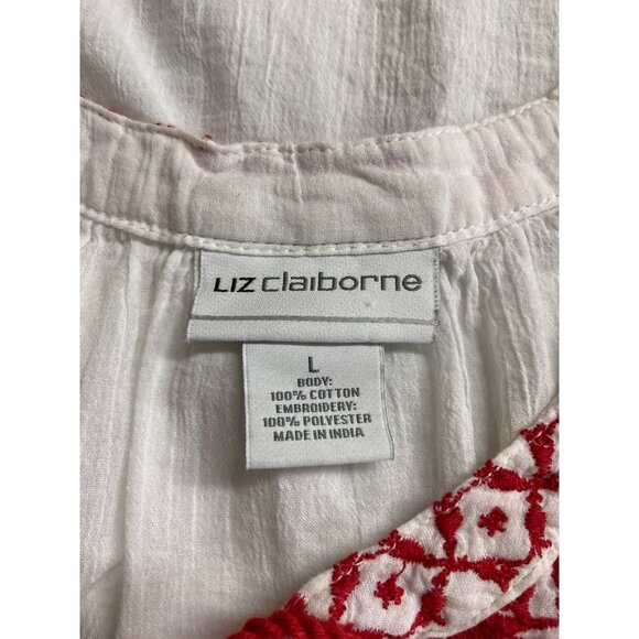 Liz Claiborne Boho Chic White  Red Embroidered Tassel Peasant Blouse - Picture 4 of 7